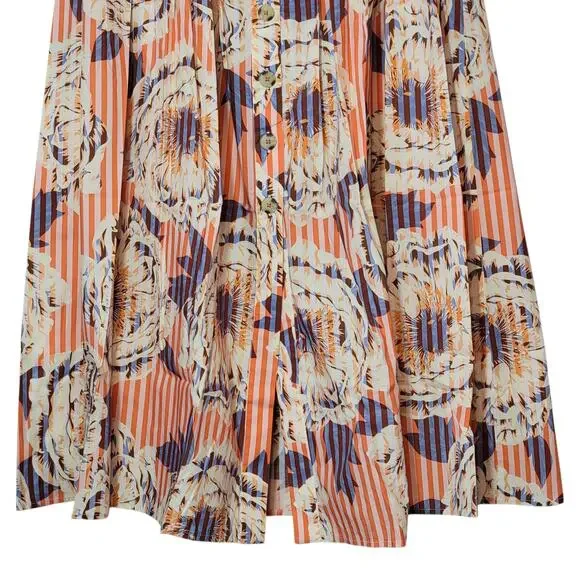 Anthropologie Stripe Floral Button Front A-Line Midi Skirt Cotton Red Blue S - Picture 5 of 15